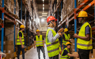 Warehouse workers and manager discussing logistics and inventory management