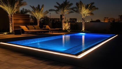 Nighttime Serenity: Illuminated Pool and Palm Trees