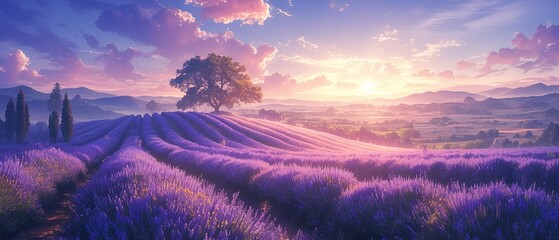 Lavender fields under purple sunset, Provence style rural landscape, panoramic view, dreamy and romantic atmosphere,