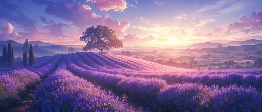 Lavender fields under purple sunset, Provence style rural landscape, panoramic view, dreamy and romantic atmosphere,