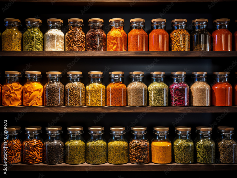 Poster spice section organizing containers with labels illuminated by accent lights