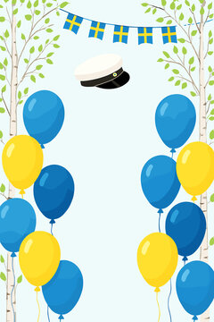 Fototapeta Swedish student graduate celebration banner – studentmössa, blue and yellow balloons, birch trees and flags – flat color style