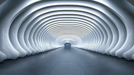 Futuristic white arch tunnel interior,  empty, illuminated, leading to distant light