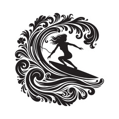 Obraz premium Elegant Woman Surfer Riding a Decorative Wave Black and White Artwork