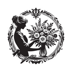 Obraz premium Monochrome floral arrangement illustration with a female silhouette florist