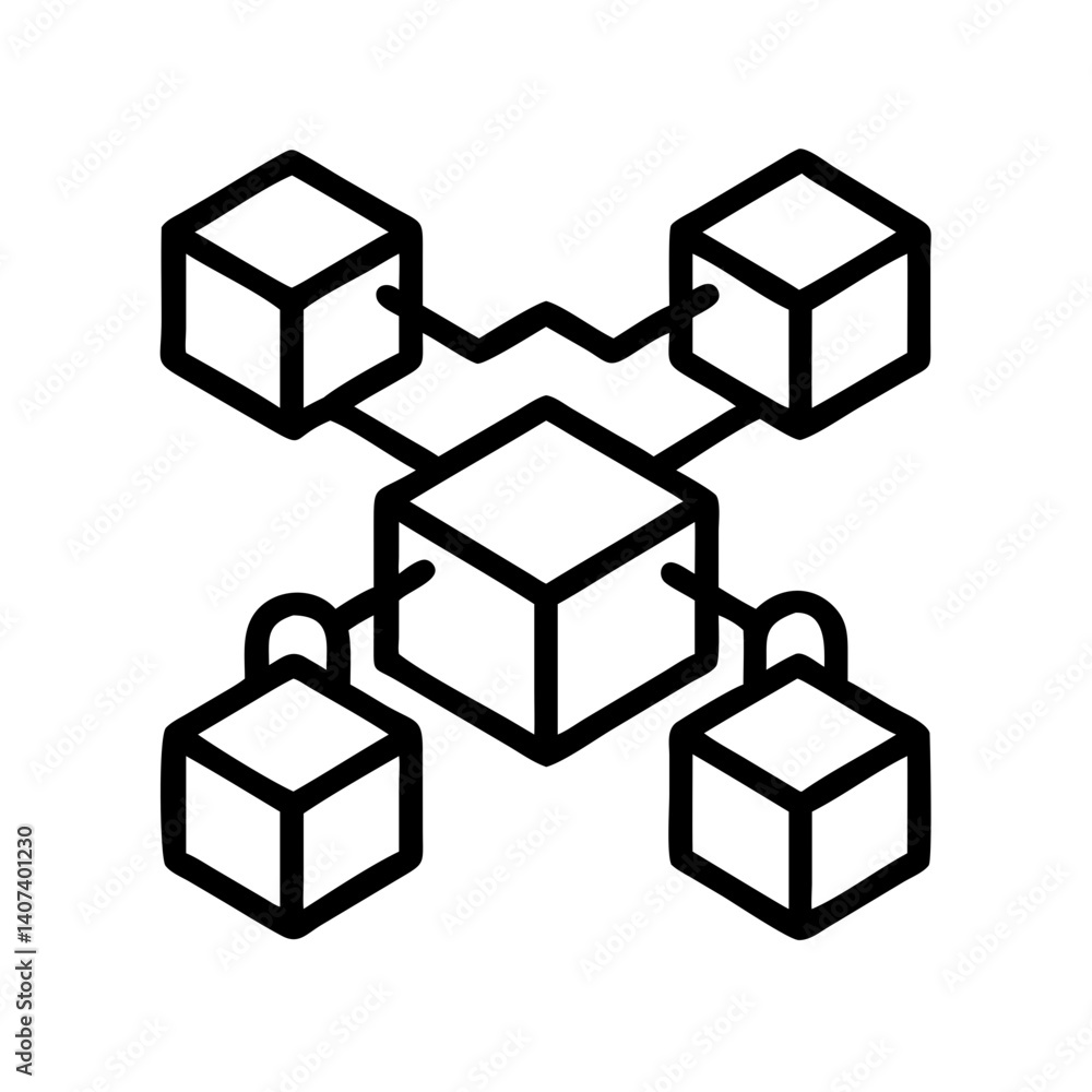 Poster illustration of blockchain technology with connected blocks for secure data management system