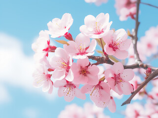 Obraz premium Spring cherry blossoms pink petals blue sky