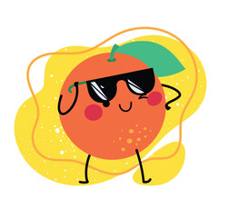Cool cartoon orange with sunglasses, a happy face, and green leaf on a yellow splash background, perfect for fun summer designs.