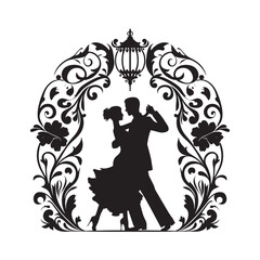 Passionate tango silhouette beneath floral arches, elegant dance illustration