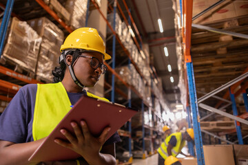Female warehouse worker checking inventory using clipboard in logistics center