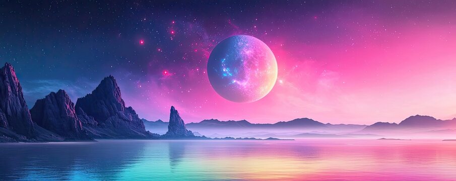 Landscape of alien planet among rocks and outer rise concept. A vibrant landscape with planets and colorful skies, evoking wonder.