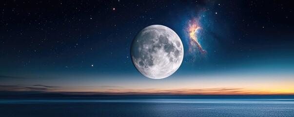 Landscape of alien planet under a surreal nebula and moon concept. A breathtaking view of a full moon over the tranquil ocean.