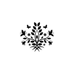Minimalist Floral Tree Illustration with Butterflies, Vector Graphic