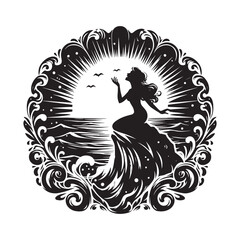 Silhouette of a mystical maiden at ocean,s edge, with sunlit water scene