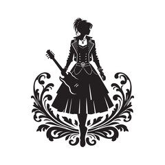 Fototapeta premium Silhouette of a rocker girl holding a guitar in punk style with floral ornaments