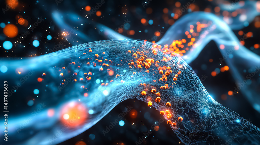 Aufkleber colorful abstract art showcases dynamic data flow with interconnected nodes. vibrant blue and orange