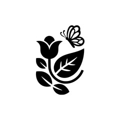 Black and White Floral Butterfly Logo, Minimalist Vector Illustration