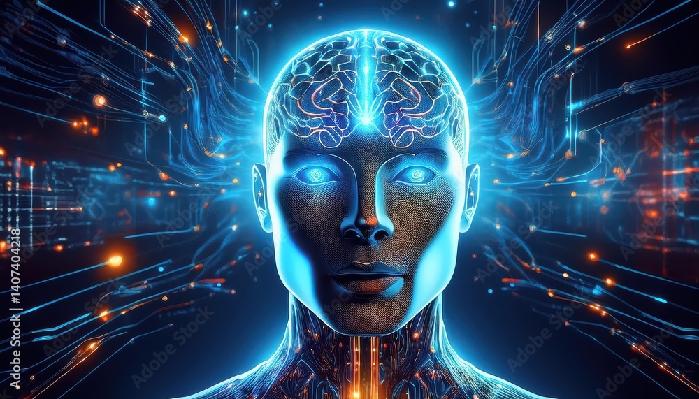 Aufkleber futuristic cyborg android a metallic marvel glowing with network data and ai brain, depicting a stri