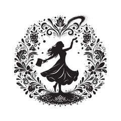 Silhouette of a woman celebrating with ornate floral decorations in black and white