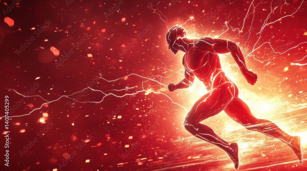 Poster dynamic energy burst surrounding a muscular figure running amidst a vibrant red backdrop