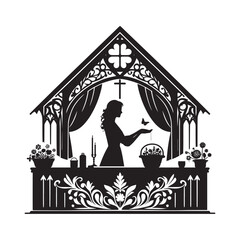 Silhouette of a Woman Interacting with Nature in a Gothic Structure
