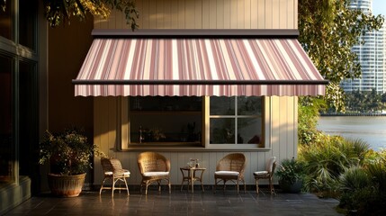 Striped awning over patio furniture by a river