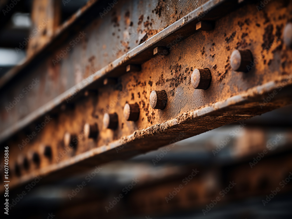 Poster steel beam with exposed rivets lining precise rust forming natural structure showing