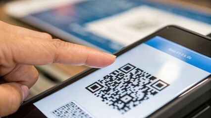 Digital Payments blockchain cryptocurrency concept, Close-up of a finger pointing at a QR code on a smartphone screen.