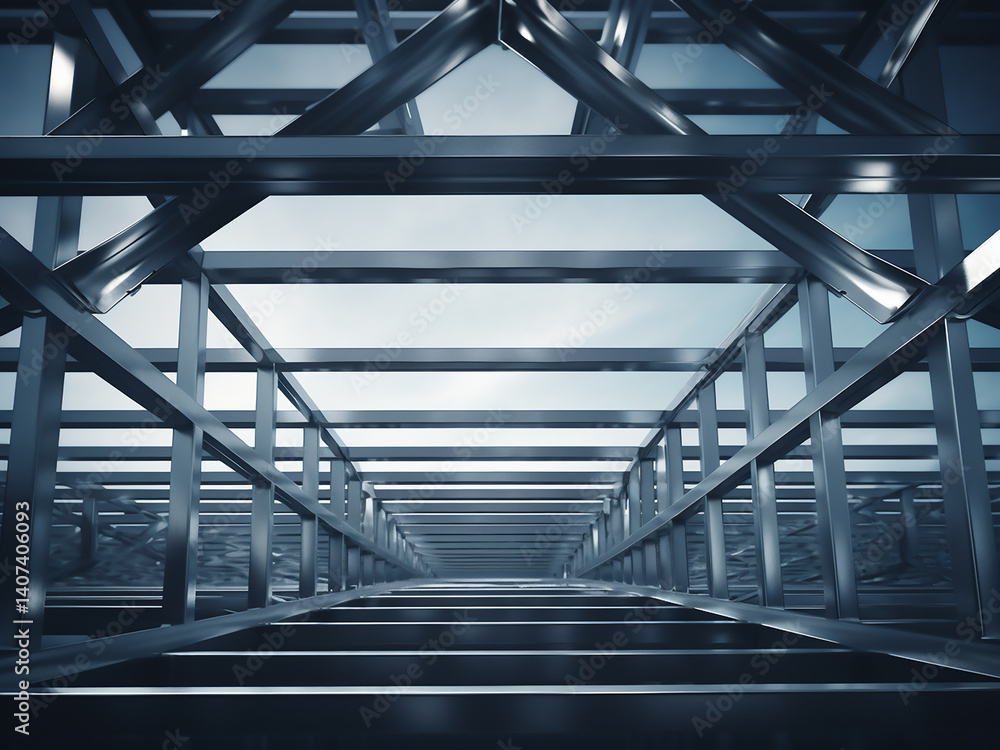 Poster minimal steel frame structure expressing pure forces defining clear space around it