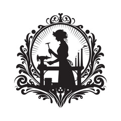 Silhouette of a woman steelworker inside an ornate Victorian flourish design