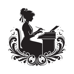 Silhouette of a Woman Typing with Victorian Flourishes in Monochrome