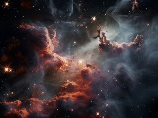 Glowing gas clouds in stellar nursery forming star births with light filtering into space