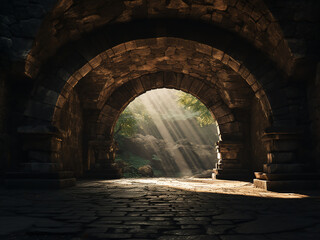 Naklejka premium Strong curved stone arch bearing weight forming an opening that provides a clear passage