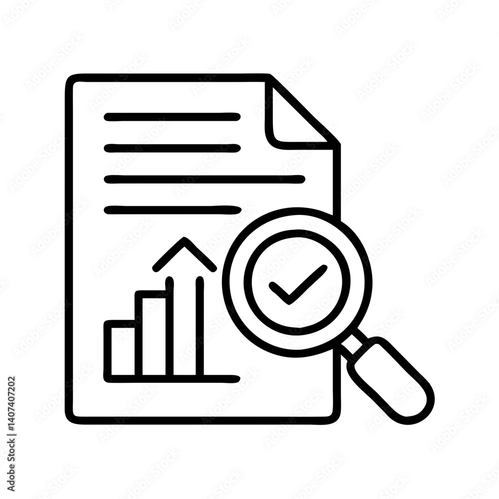 Poster data analysis report with magnifying glass and check mark for business performance review audit