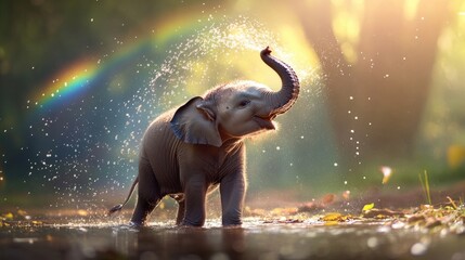 A baby elephant spraying water over itself with a rainbow in the background