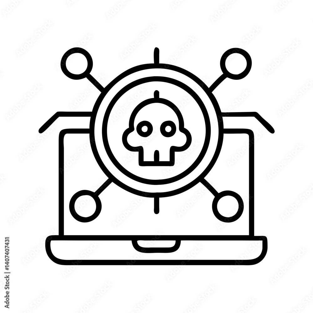 Poster cyber security threat on laptop with skull icon representing malware and network vulnerability risk