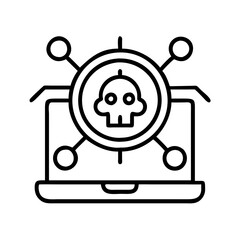 Cyber security threat on laptop with skull icon representing malware and network vulnerability risk