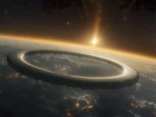 Viewed from space, an illuminated ring-shaped station orbits Earth above glowing city lights and clouds, with a bright sun piercing the atmosphere on the horizon.