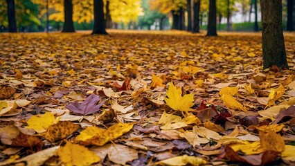 Golden autumn leaves, red and yellow, fallen on the forest and park ground create a bright, colorful nature landscape