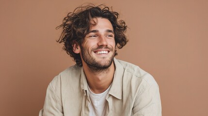Fototapeta premium Young Man in Casual Beige Shirt Smiling Against Neutral Background
