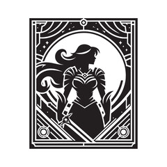 Stylized Silhouette of a Female Warrior in Futuristic Armor with Art Deco Frame