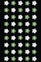 Seamless Floral Pattern with Green and White Flowers on Black Background.