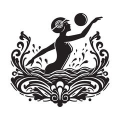 Vintage swimmer silhouette with floral flourishes playing in the water