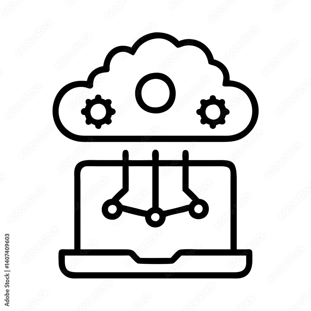 Poster cloud computing and data analytics concept with laptop and gears for business solution and ai