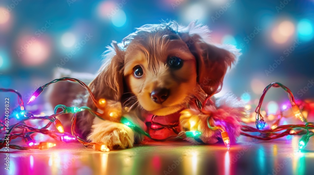 Poster a fluffy puppy tangled in a string of holiday lights, looking innocent