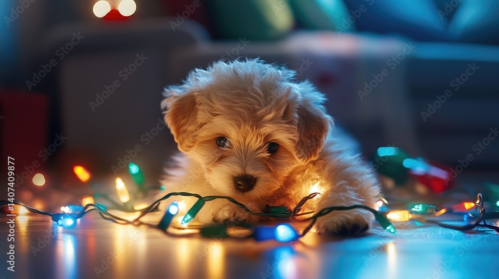 Poster a fluffy puppy tangled in a string of holiday lights, looking innocent