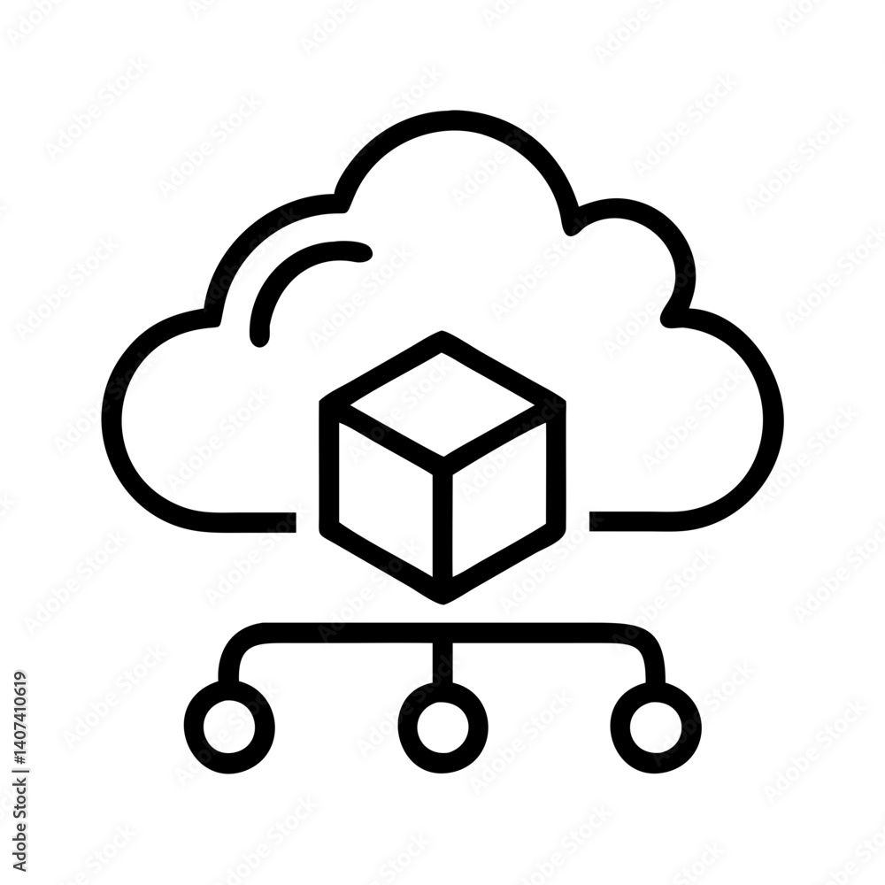 Poster Cloud computing network diagram with cube and connections for data storage and processing