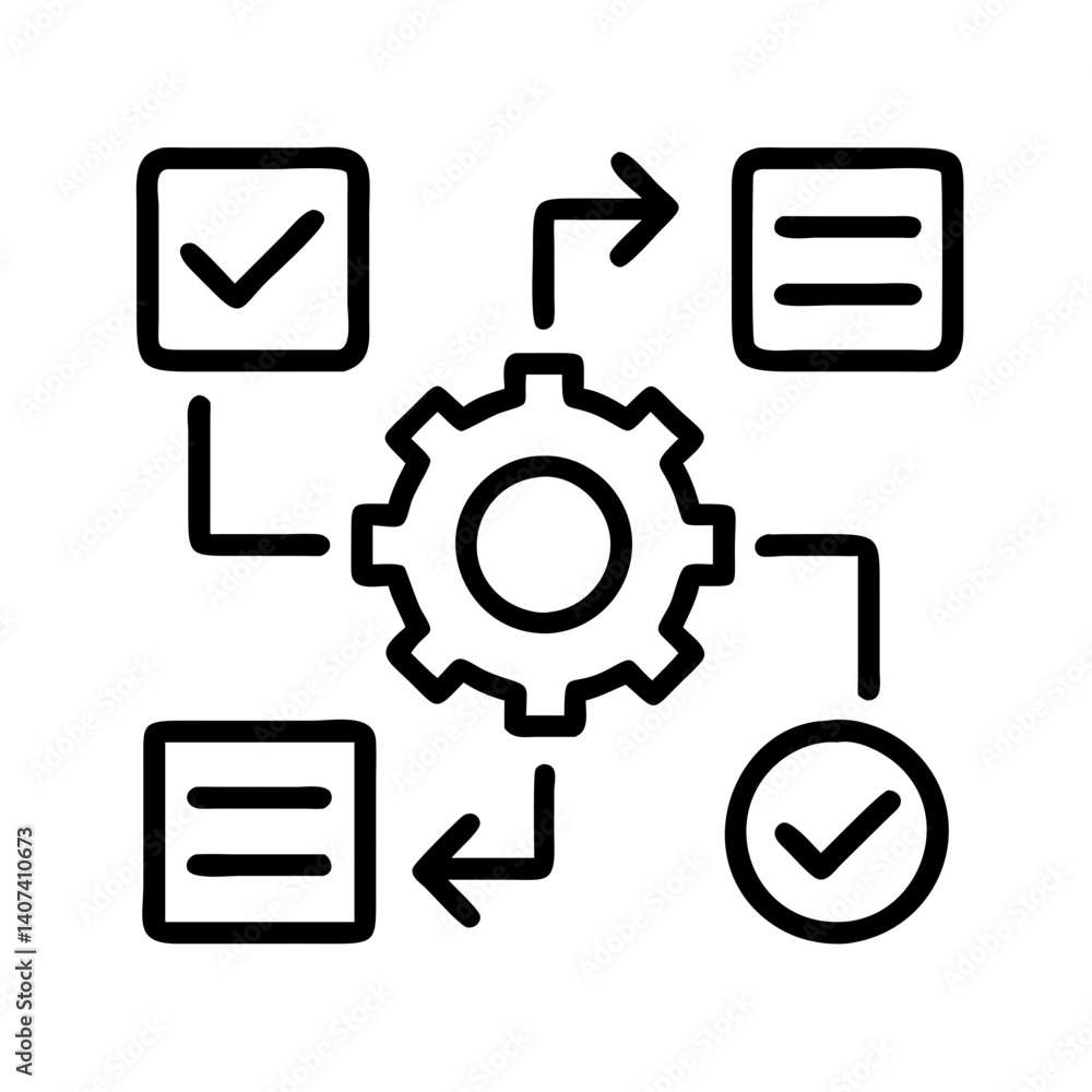 Poster workflow automation process flowchart diagram with gear and check marks for business strategy
