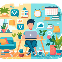 Flexible Working Concept with Young Man Working Remotely from Home and Cafe