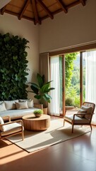 Fototapeta premium Spacious open-plan living room with a large indoor plant adding a touch of nature to the modern decor and creating a welcoming atmosphere
